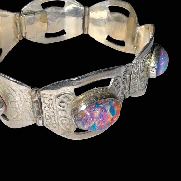 Vintage 1970s Silver 925 Panel Bracelet Faux Opal Beads Cabochons Mexico - Picture 7 of 14